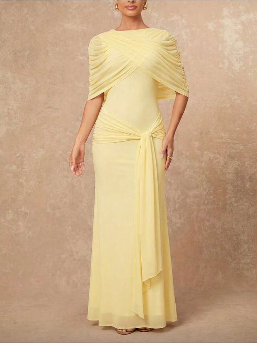 Elegant Yellow Draped Evening Gown
